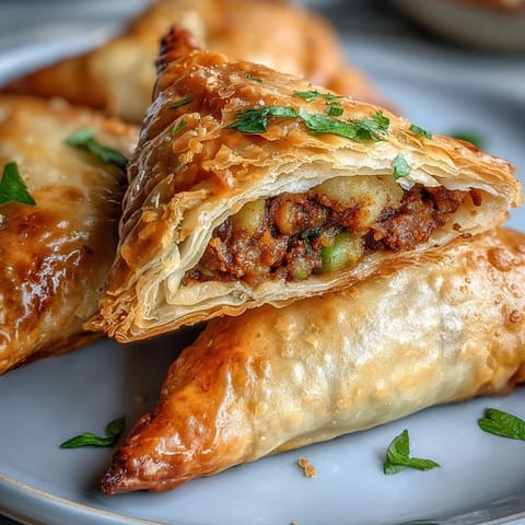 Golden samosas with a crunchy pastry crust, packed with aromatic vegetables and paired with vibrant green mint chutney.  