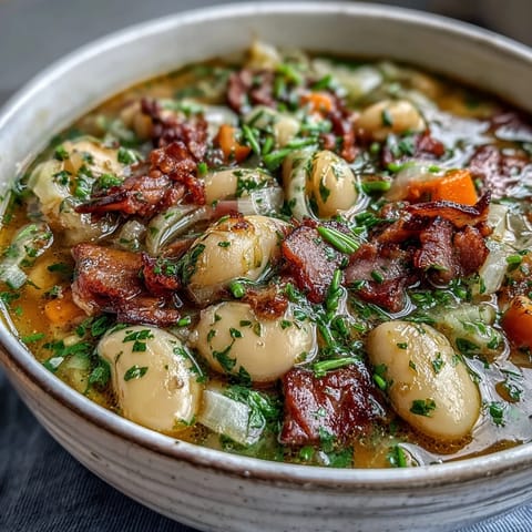 Warm bowl of ham and lima bean soup, brimming with tender ham, creamy lima beans, and fresh vegetables in a savory broth.  