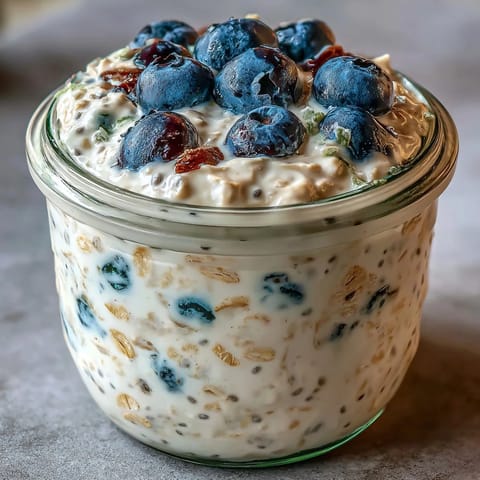 Bright blueberry lemon overnight oats in a jar, perfect for a refreshing make-ahead breakfast.