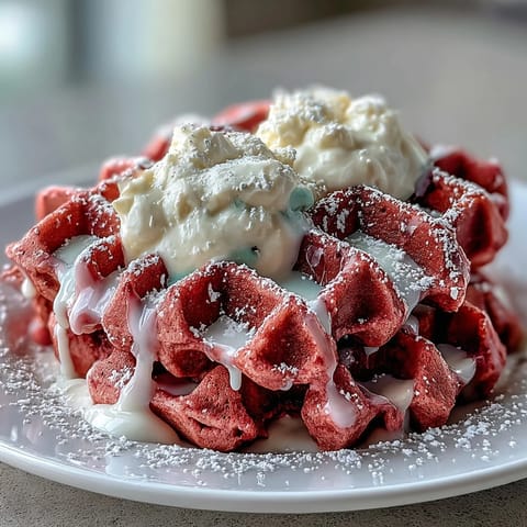 Fluffy pink velvet waffles with cocoa and cream cheese drizzle, perfect for a festive brunch or Galentines celebration.  