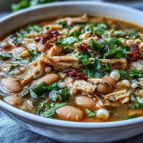 A steaming bowl of White Bean Chicken Chili with shredded chicken, white beans, and fresh cilantro garnish.  