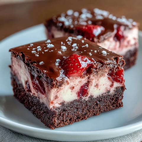 Valentine strawberry cheesecake brownies with fudgy chocolate base and creamy strawberry swirls.  