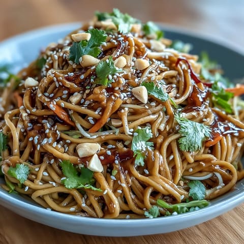 Vibrant Asian Sesame Noodle Salad with Peanut Dressing served in a bowl, garnished with fresh cilantro, chopped peanuts, and toasted sesame seeds.