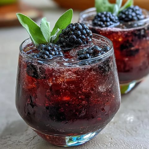 A refreshing non-alcoholic drink featuring muddled blackberries, aromatic sage, and sparkling water over crushed ice.