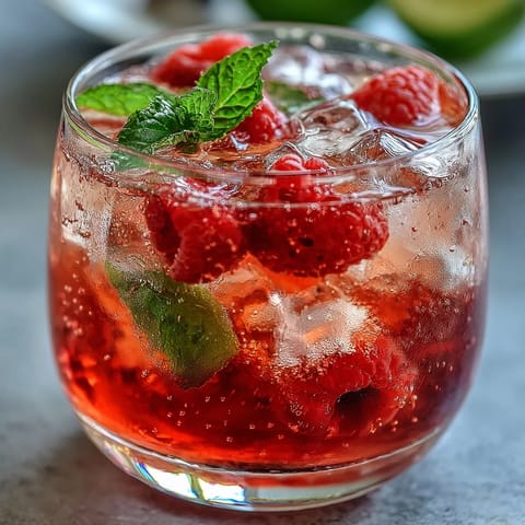 Vibrant Raspberry Lime Spritz mocktail garnished with mint leaves and lime wedges for Galentine's Day