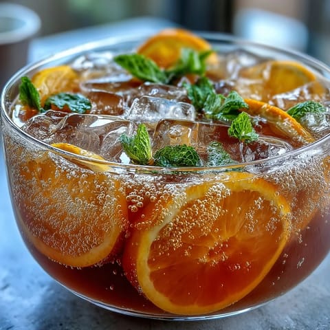 A vibrant sparkling citrus punch with fresh orange and lemon slices floating in effervescent water, perfect for summer gatherings.