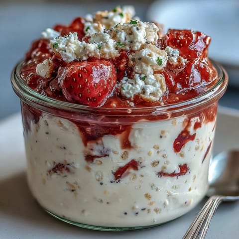Creamy cottage cheese strawberry cheesecake overnight oats with fresh berries and a hint of vanilla, layered in a glass jar for a protein-rich breakfast.