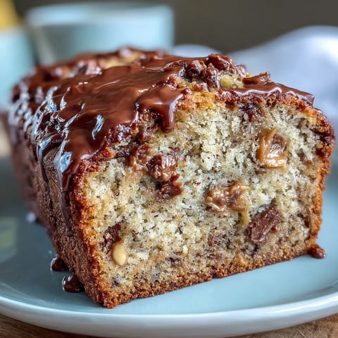 A decadent peanut butter cup banana bread loaf with chocolate chips, perfect for dessert or a sweet snack.