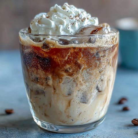 Creamy vanilla bean frappuccino with cold brew ice cubes, topped with whipped cream and vanilla bean drizzle.  