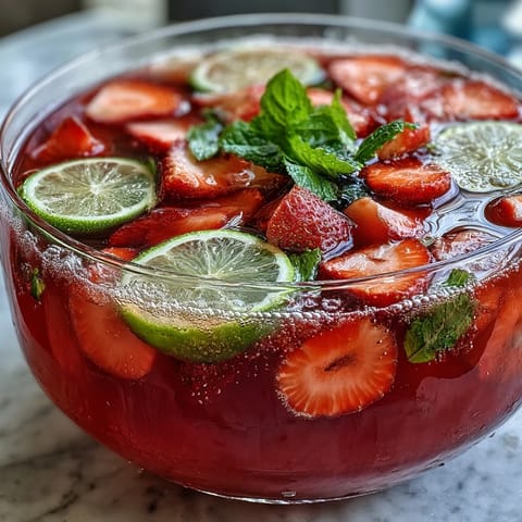 Vibrant strawberry daiquiri punch bowl with fresh strawberries, lime slices, and sparkling soda, garnished with mint for a festive spring gathering.