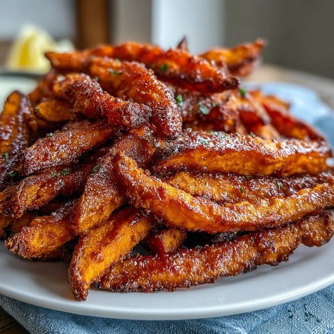 Crispy air fryer sweet potato fries served with creamy garlic aioli dipping sauce.