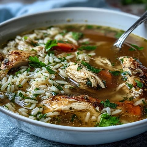A hearty one-pot chicken and rice soup brimming with tender chicken, colorful vegetables, and fluffy rice in a savory broth.