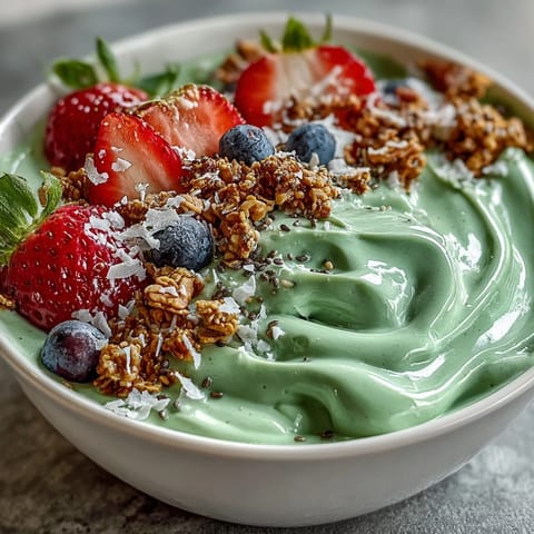 A vibrant and creamy yogurt matcha latte smoothie bowl topped with fresh strawberries, blueberries, and crunchy granola for a nourishing breakfast treat.