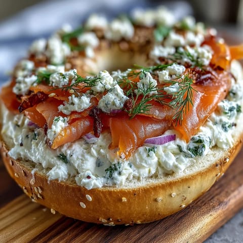 Golden cottage cheese bagels topped with silky smoked salmon, cream cheese, and fresh dill.