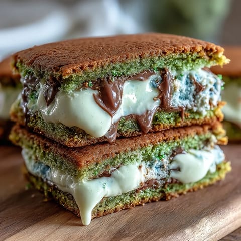 Soft, colorful St. Patrick's Day green sugar cookie sandwiches filled with smooth vanilla frosting and rolled in shimmering sugar.  