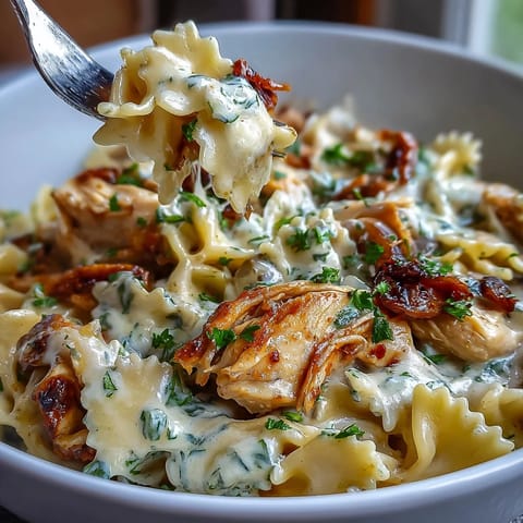 Creamy Crockpot Mississippi Chicken Pasta with tender shredded chicken and pepperoncini in a rich, savory sauce.