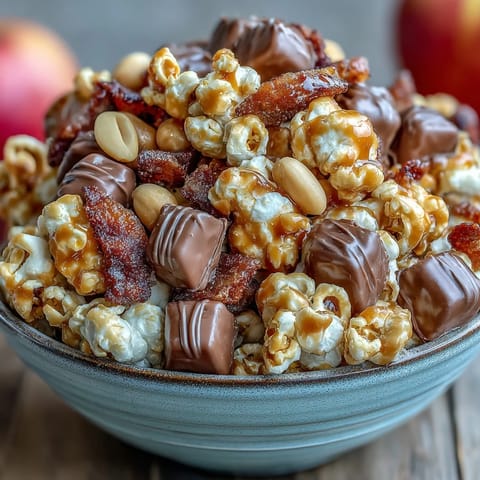 Caramel Candy Apple Popcorn Mix in a bowl with candy-coated chocolates and dried apples.