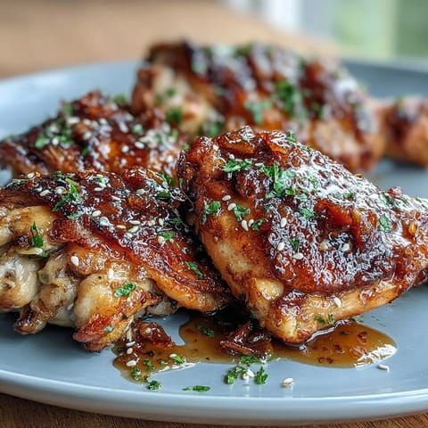 Honey garlic baked chicken thighs with a glossy glaze, served on a white plate with parsley and sesame seeds.