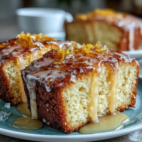 Limoncello Pound Cake with Lemon Glaze: Moist, citrus-infused dessert loaf topped with tangy lemon glaze and fresh zest.