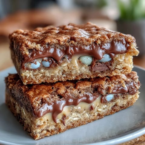 Chewy blondies bursting with colorful Cadbury Mini Eggs, topped with a glossy white chocolate drizzle for a festive Easter treat.
