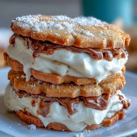 Milk Cookie Sandwich Cookies with Cream: Two golden, buttery cookies filled with smooth vanilla cream, perfect for dessert.