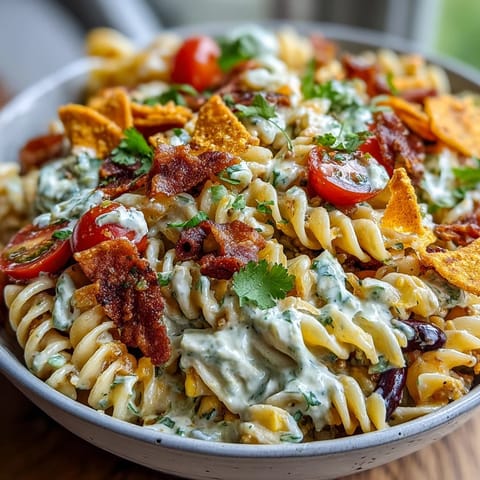 Taco Pasta Salad with Doritos and Avocado Ranch in a vibrant bowl, topped with crushed nacho cheese chips and creamy dressing.