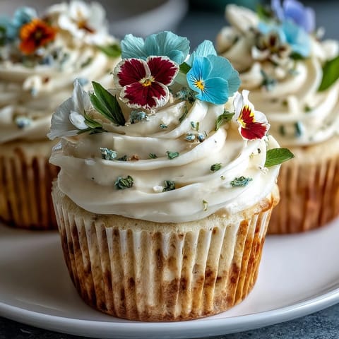 Spring cupcakes with buttercream frosting and edible flowers make a stunning dessert for any celebration.