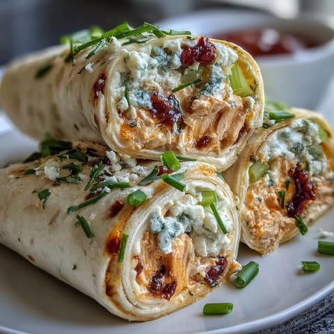Buffalo Chicken Cream Cheese Pinwheel Wraps with tender shredded chicken and zesty sauce rolled in soft tortillas.