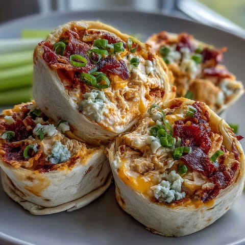 Creamy Buffalo chicken filling with cheddar and blue cheese wrapped in flour tortillas for a party appetizer.