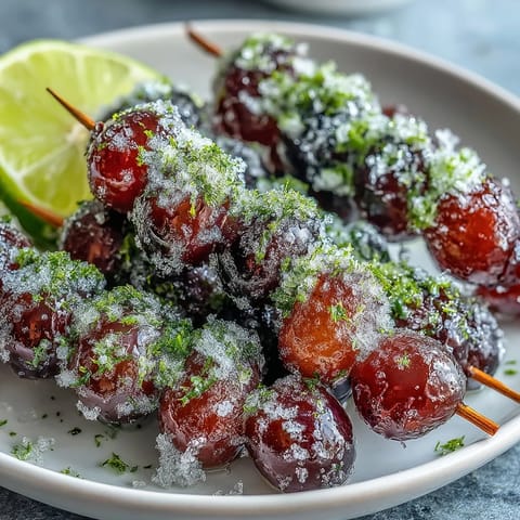 Vibrant frozen grapes on wooden skewers, rolled in bright lime sugar for a tangy-sweet snack, ideal for hot days.