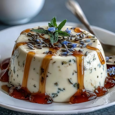 A creamy, smooth Honey Lavender Panna Cotta dessert infused with fragrant lavender, topped with fresh berries and edible flowers.