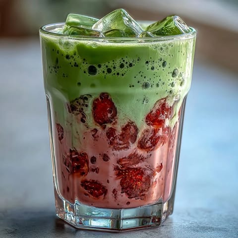 Vibrant strawberry matcha latte with creamy oat milk and fresh strawberry puree in tall glasses.