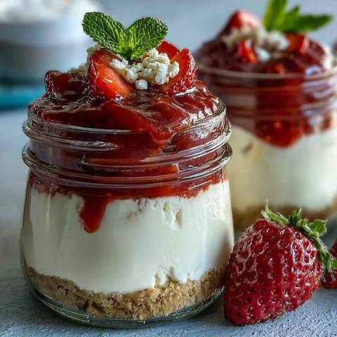 No-Bake Strawberry Cheesecake Jars filled with creamy vanilla cheesecake and fresh strawberry compote in glass jars.
