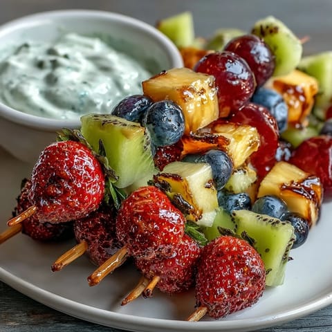 Rainbow Fruit Skewers with Honey Dip on a platter, featuring strawberries, pineapple, kiwi, blueberries, and grapes alongside creamy yogurt dip.