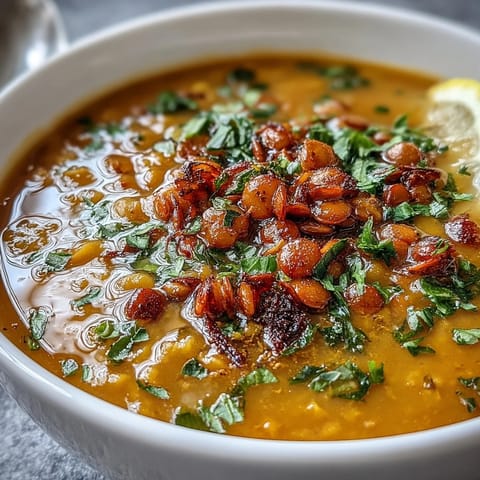Turmeric lemon lentil soup with vibrant yellow hue, fresh herbs, and lemon wedges served in a rustic bowl.  