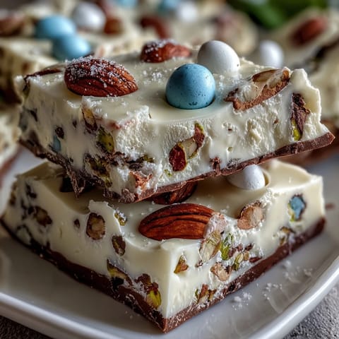 Colorful white chocolate bark decorated with Easter eggs and pistachios, ideal for a sweet holiday treat.