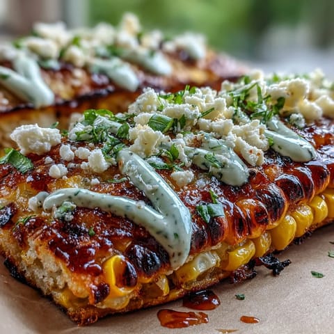 Cinco de Mayo Street Corn Flatbread with Jalapeño Crema, featuring charred corn, cotija cheese, and zesty crema drizzle.  