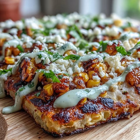 Crispy flatbread topped with smoky Mexican street corn, red onion, and fresh cilantro for a festive appetizer.  