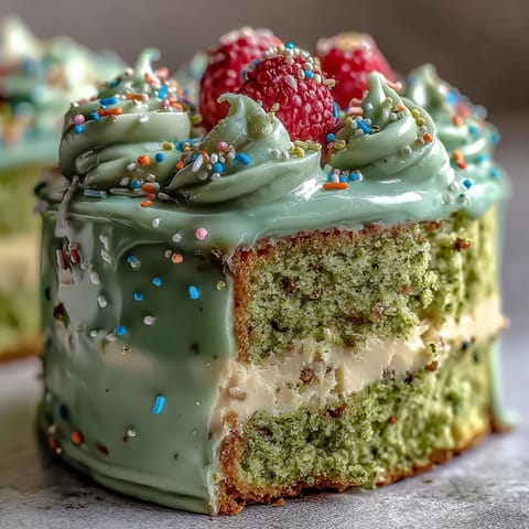 A vibrant mini matcha birthday cake with creamy vanilla frosting, perfect for smashing celebrations and brunch gatherings.