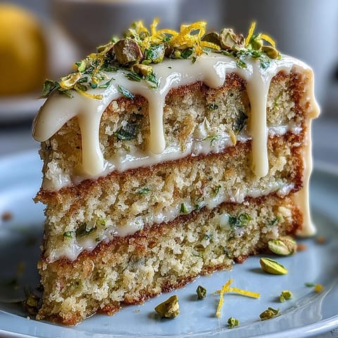 A vibrant layered lemon pistachio cake with zesty lemon sponge and creamy frosting, decorated with chopped pistachios and lemon zest for a festive spring birthday.
