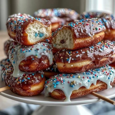 A colorful donut tower stacked high with glazed mini donuts and rainbow sprinkles for a festive graduation celebration.