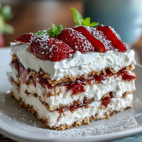 Festive no-bake icebox cake with layers of whipped cream, graham crackers, and fresh strawberries, perfect for Memorial Day celebrations.
