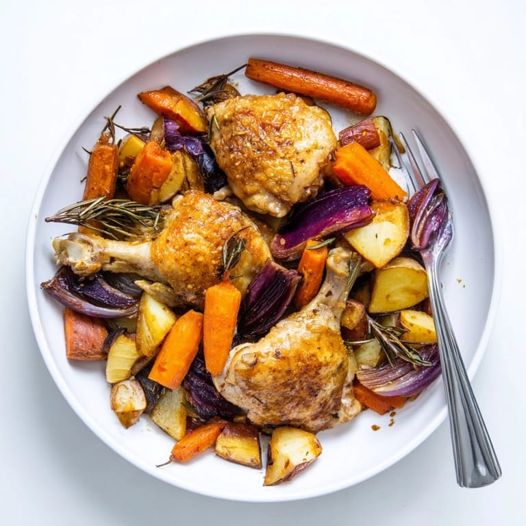 Crisp-skinned Honey-Glazed Chicken with Roasted Root Vegetables: colorful carrots, parsnips and chicken glistening with honey.