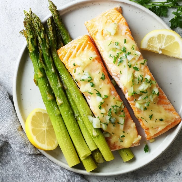 Close-up of Skillet Lemon-Butter Salmon with Asparagus, drizzled with bright lemon butter and parsley.