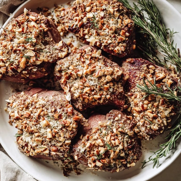 Close up of juicy Thyme and Pecan Crusted Pork Tenderloin, perfectly seared before baking in the oven.