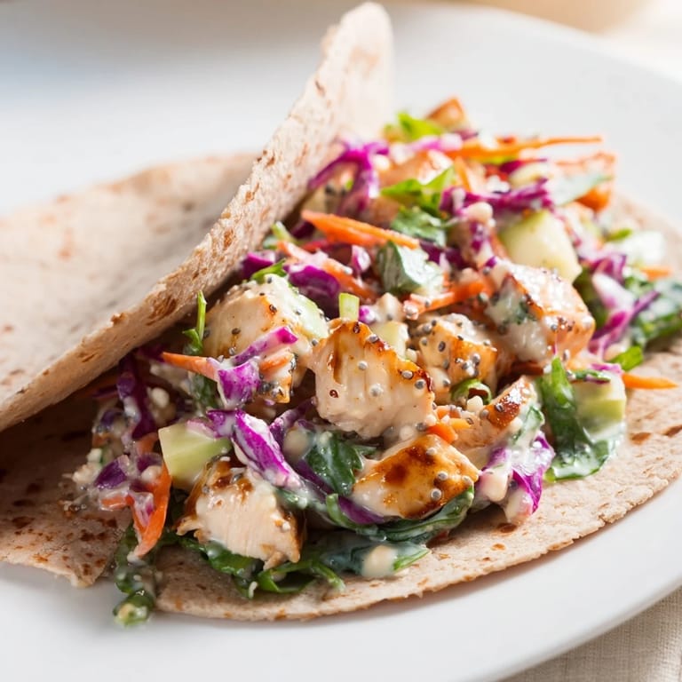 Enjoy a close-up of a delightful Poppy-Inspired Chicken Salad Wrap, perfect for a quick lunch.