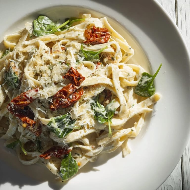 Perfectly cooked creamy One-Pot Tuscan Garlic Herb Pasta with vibrant sun-dried tomatoes and fresh basil.
