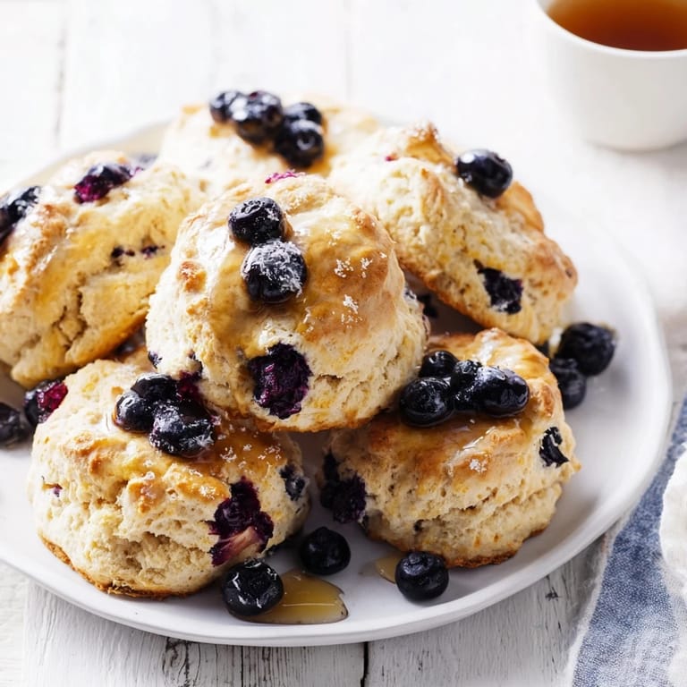 Light, fluffy Rustic Birch-Warm Blueberry Scones, topped with coarse sugar, offering a delightful texture.