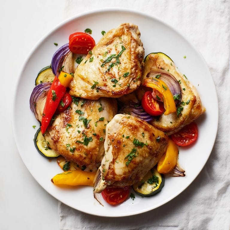 A close-up of a flavorful Basil-Soft Chicken and Veggie Sheet Pan Dinner, ready to be served.