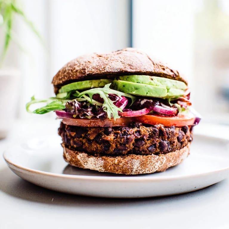 A close-up of a juicy zesty black bean burger, brimming with toppings, on a toasted bun.